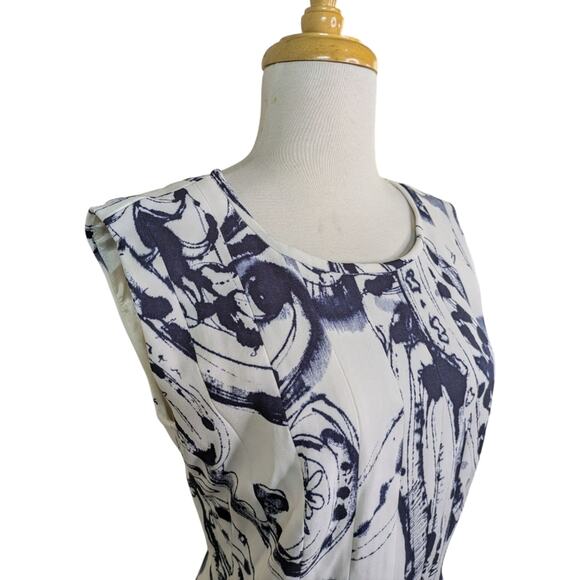 Escada Midi Dress Medium Abstract Paisley Blue Off-White Pleated Career Sleevele - Picture 4 of 12